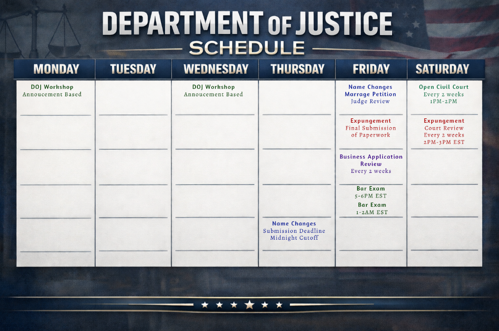 DOJ weekly schedule poster